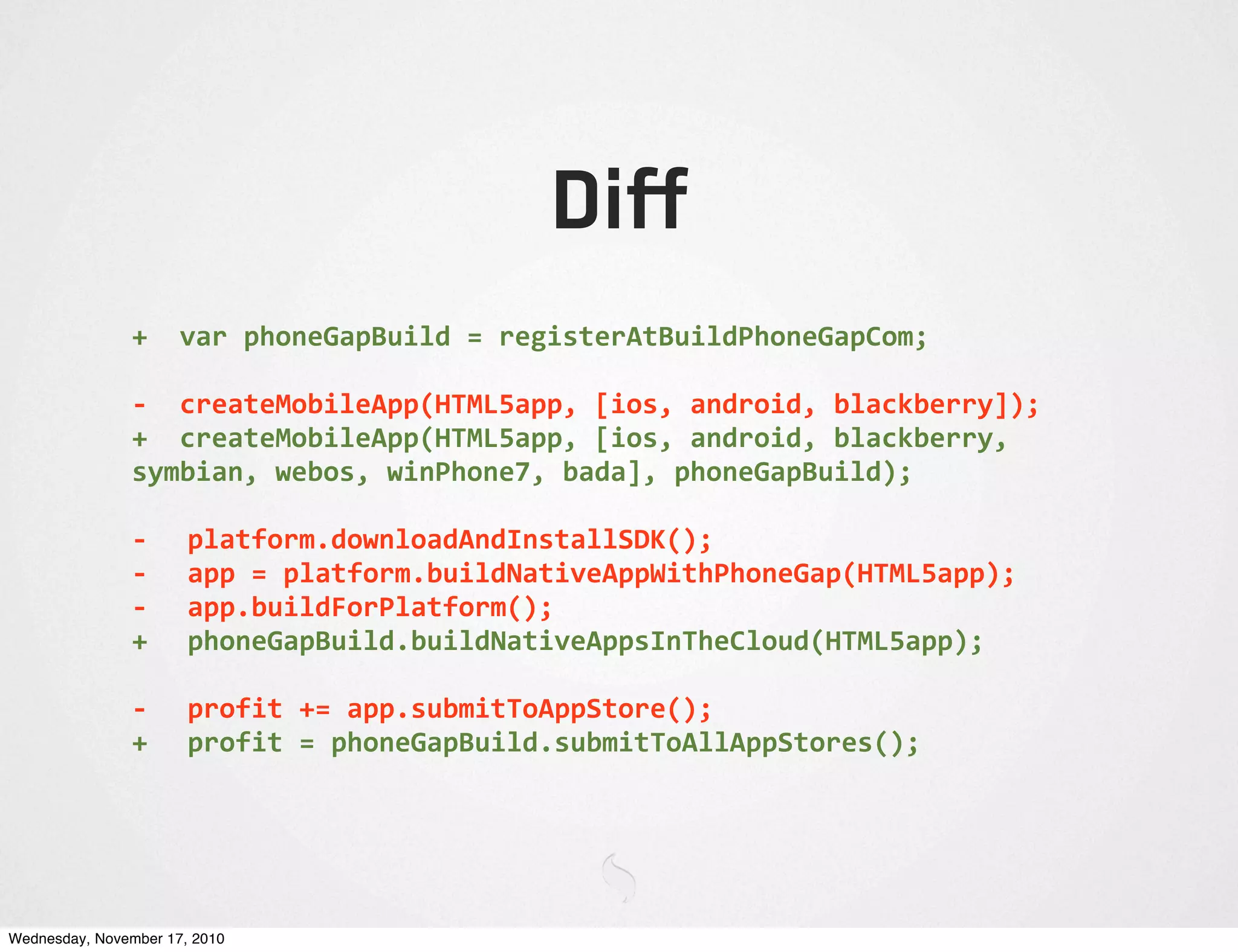 Diff
+	
  	
  var	
  phoneGapBuild	
  =	
  registerAtBuildPhoneGapCom;
-­‐	
  	
  createMobileApp(HTML5app,	
  [ios,	
  android,	
  blackberry]);
+	
  	
  createMobileApp(HTML5app,	
  [ios,	
  android,	
  blackberry,	
  
symbian,	
  webos,	
  winPhone7,	
  bada],	
  phoneGapBuild);
-­‐	
   platform.downloadAndInstallSDK();
-­‐	
   app	
  =	
  platform.buildNativeAppWithPhoneGap(HTML5app);
-­‐	
   app.buildForPlatform();
+	
   phoneGapBuild.buildNativeAppsInTheCloud(HTML5app);
-­‐	
   profit	
  +=	
  app.submitToAppStore();
+	
   profit	
  =	
  phoneGapBuild.submitToAllAppStores();
Wednesday, November 17, 2010
 