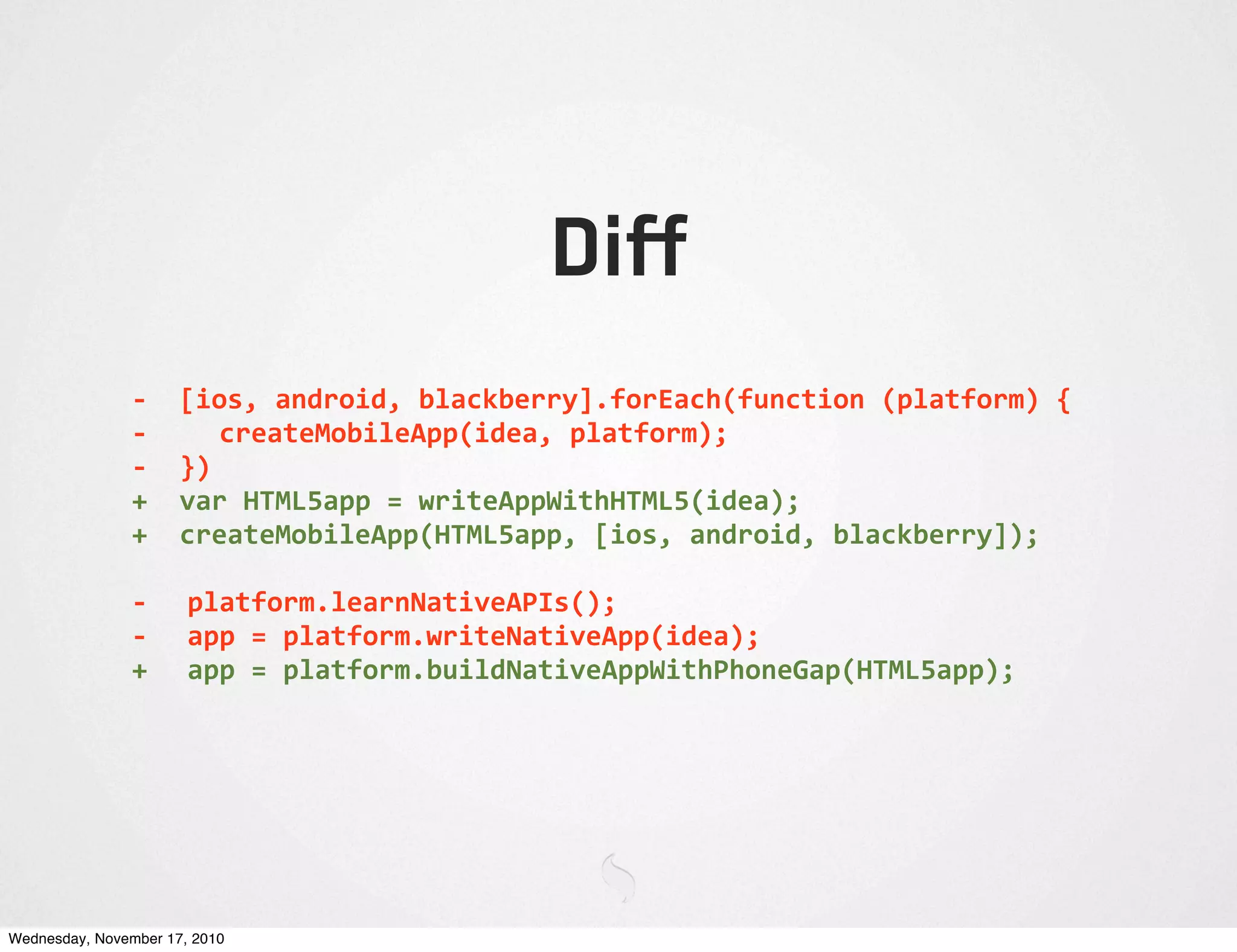 Diff
-­‐	
  	
  [ios,	
  android,	
  blackberry].forEach(function	
  (platform)	
  {
-­‐	
   	
  	
  createMobileApp(idea,	
  platform);
-­‐	
  	
  })
+	
  	
  var	
  HTML5app	
  =	
  writeAppWithHTML5(idea);
+	
  	
  createMobileApp(HTML5app,	
  [ios,	
  android,	
  blackberry]);
-­‐	
   platform.learnNativeAPIs();
-­‐	
   app	
  =	
  platform.writeNativeApp(idea);
+	
   app	
  =	
  platform.buildNativeAppWithPhoneGap(HTML5app);
Wednesday, November 17, 2010
 