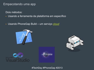 Empacotando uma app
Dois métodos:
 Usando a ferramenta da plataforma em específico


Usando PhoneGap Build – um serviço cloud

#TechDay #PhoneGap #2013

 