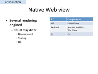 Na5ve	Web	view	
•  Several	rendering	
engined 		
–  Result	may	diﬀer	
•  Development	
•  Tes5ng	
•  UX	
S.O.	 Componente	
iOS	 UIWebView	
Android	 Android.webkit-
WebView	
Etc.	 Etc.	
INTRODUCTION	
 