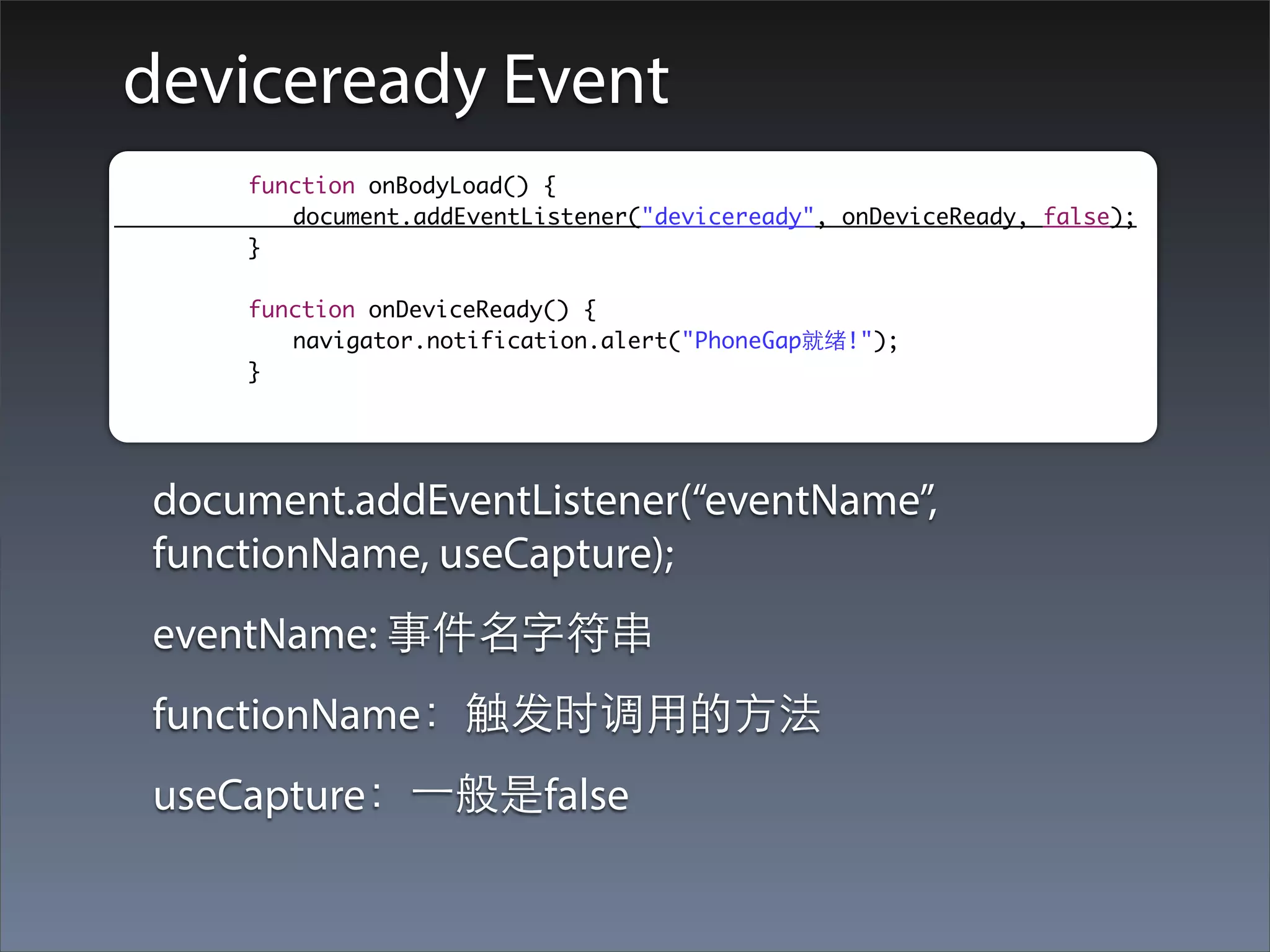 deviceready Event
	   	   	   function onBodyLoad() {
	   	   	   	 document.addEventListener("deviceready", onDeviceReady, false);
	   	   	   }

	   	   	   function onDeviceReady() {
	   	   	   	 navigator.notification.alert("PhoneGap就绪!");
	   	   	   }




    document.addEventListener(“eventName”,
    functionName, useCapture);
    eventName: 事件名字符串
    functionName：触发时调⽤用的⽅方法
    useCapture：⼀一般是false
 