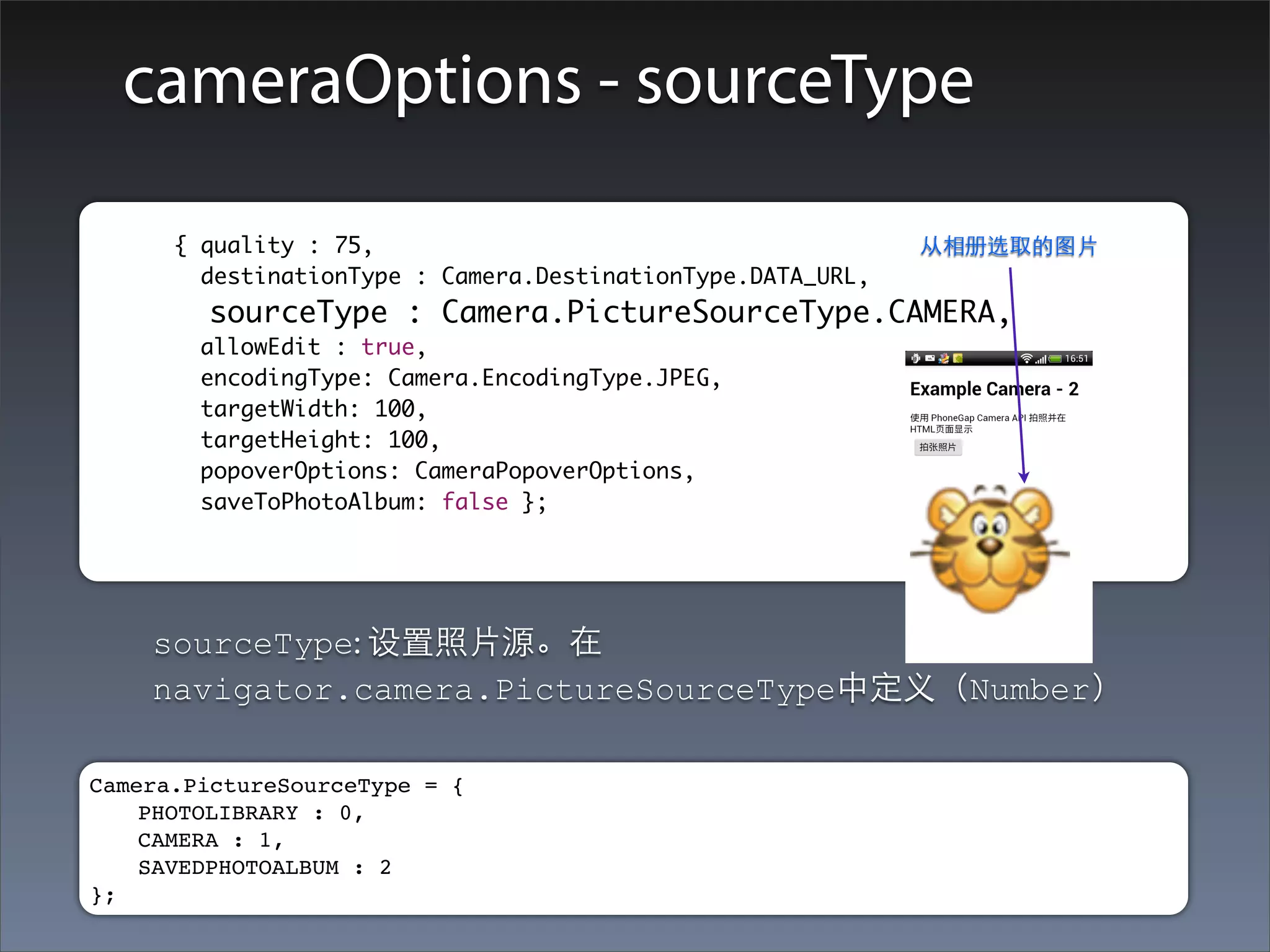 cameraOptions - sourceType

	      	 { quality : 75,                                        从相册选取的图⽚片
    		     destinationType : Camera.DestinationType.DATA_URL,
    		     sourceType : Camera.PictureSourceType.CAMERA,
    		     allowEdit : true,
    		     encodingType: Camera.EncodingType.JPEG,
    		     targetWidth: 100,
    		     targetHeight: 100,
    		     popoverOptions: CameraPopoverOptions,
    		     saveToPhotoAlbum: false };




         sourceType: 设置照⽚片源。在
         navigator.camera.PictureSourceType中定义（Number）

Camera.PictureSourceType = {
    PHOTOLIBRARY : 0,
    CAMERA : 1,
    SAVEDPHOTOALBUM : 2
};
 