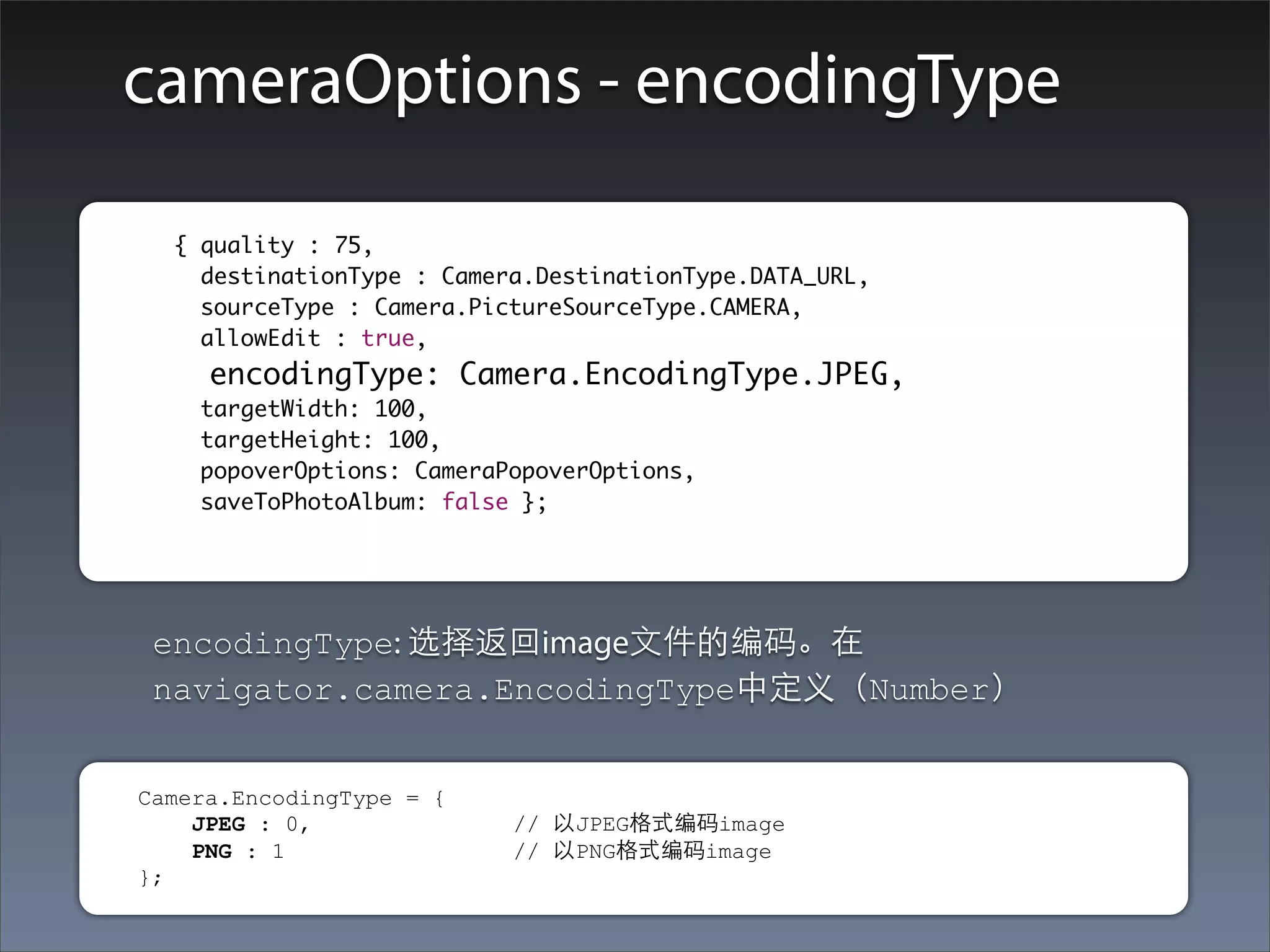 cameraOptions - encodingType

	      	 { quality : 75,
    		     destinationType : Camera.DestinationType.DATA_URL,
    		     sourceType : Camera.PictureSourceType.CAMERA,
    		     allowEdit : true,
    		     encodingType: Camera.EncodingType.JPEG,
    		     targetWidth: 100,
    		     targetHeight: 100,
    		     popoverOptions: CameraPopoverOptions,
    		     saveToPhotoAlbum: false };




         encodingType: 选择返回image⽂文件的编码。在
         navigator.camera.EncodingType中定义（Number）


     Camera.EncodingType = {
         JPEG : 0,                // 以JPEG格式编码image
         PNG : 1                  // 以PNG格式编码image
     };
 