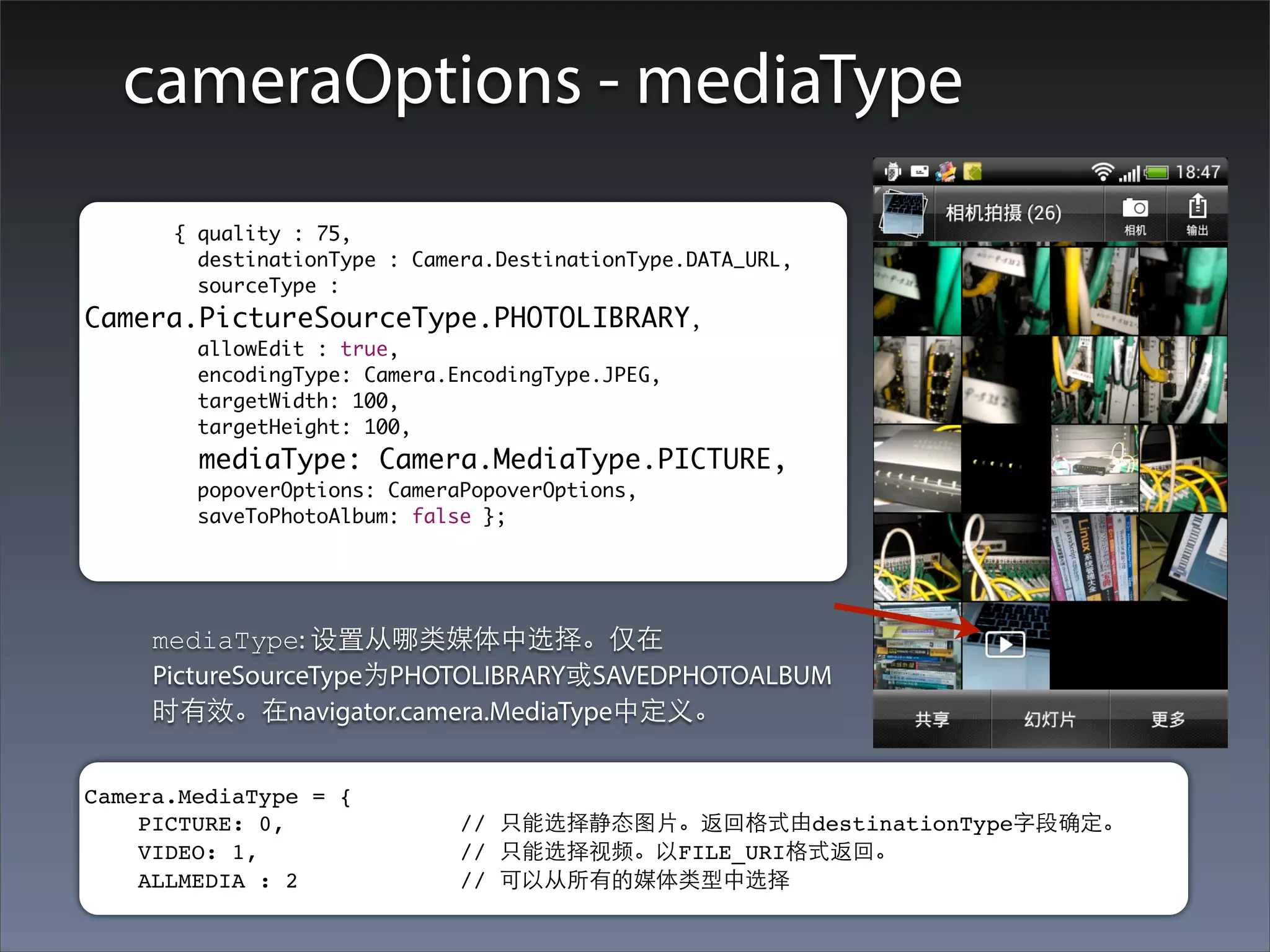 cameraOptions - mediaType
	       	 { quality : 75,
    	 	     destinationType : Camera.DestinationType.DATA_URL,
    	 	     sourceType :
Camera.PictureSourceType.PHOTOLIBRARY,
    	   	      allowEdit : true,
    	   	      encodingType: Camera.EncodingType.JPEG,
    	   	      targetWidth: 100,
    	   	      targetHeight: 100,
               mediaType: Camera.MediaType.PICTURE,
    	 	        popoverOptions: CameraPopoverOptions,
    	 	        saveToPhotoAlbum: false };




            mediaType: 设置从哪类媒体中选择。仅在
            PictureSourceType为PHOTOLIBRARY或SAVEDPHOTOALBUM
            时有效。在navigator.camera.MediaType中定义。


Camera.MediaType = {
    PICTURE: 0,             // 只能选择静态图⽚片。返回格式由destinationType字段确定。
    VIDEO: 1,               // 只能选择视频。以FILE_URI格式返回。
    ALLMEDIA : 2            // 可以从所有的媒体类型中选择
 