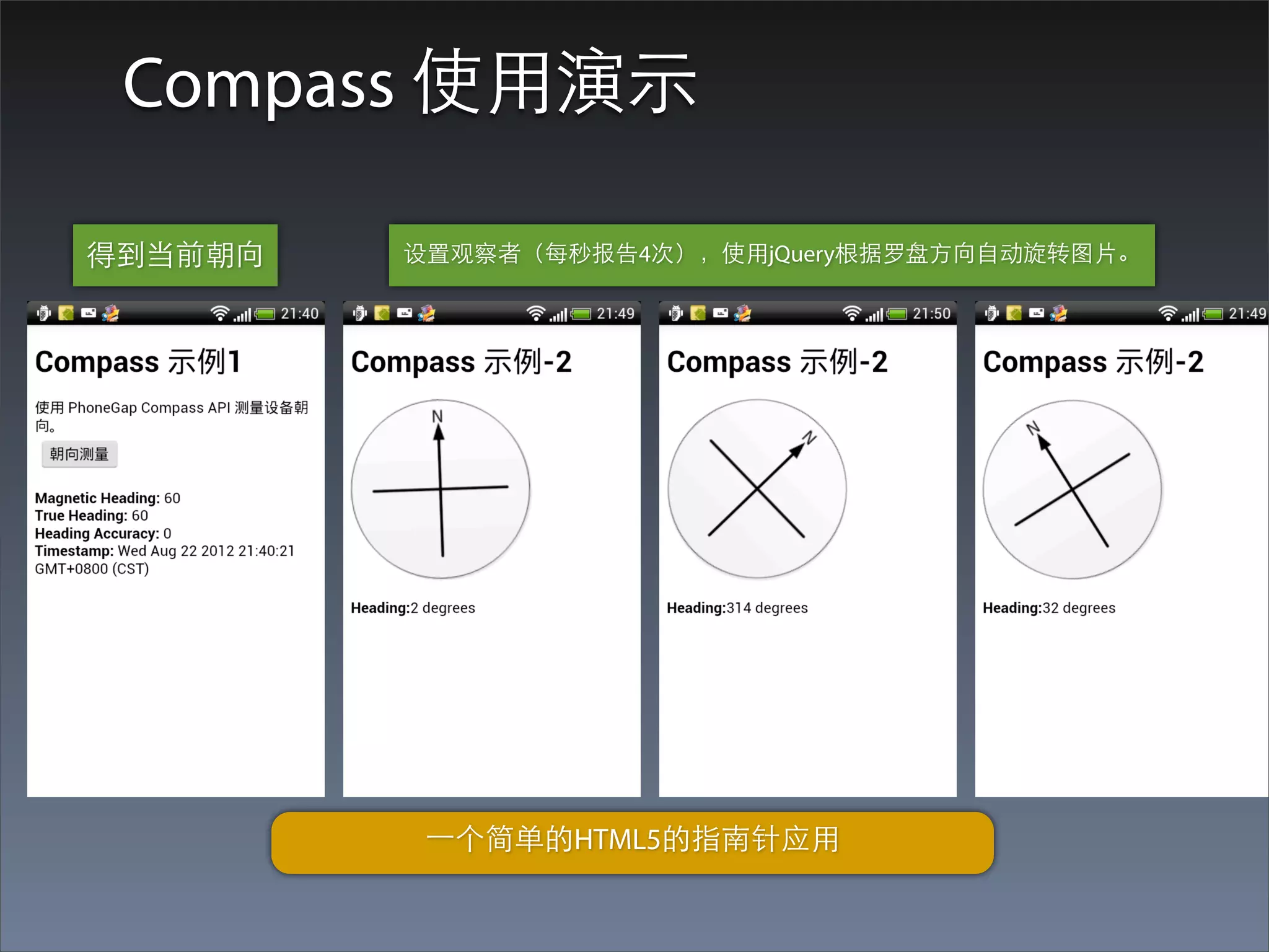 Compass 使⽤用演⽰示

得到当前朝向   设置观察者（每秒报告4次），使⽤用jQuery根据罗盘⽅方向⾃自动旋转图⽚片。




          ⼀一个简单的HTML5的指南针应⽤用
 