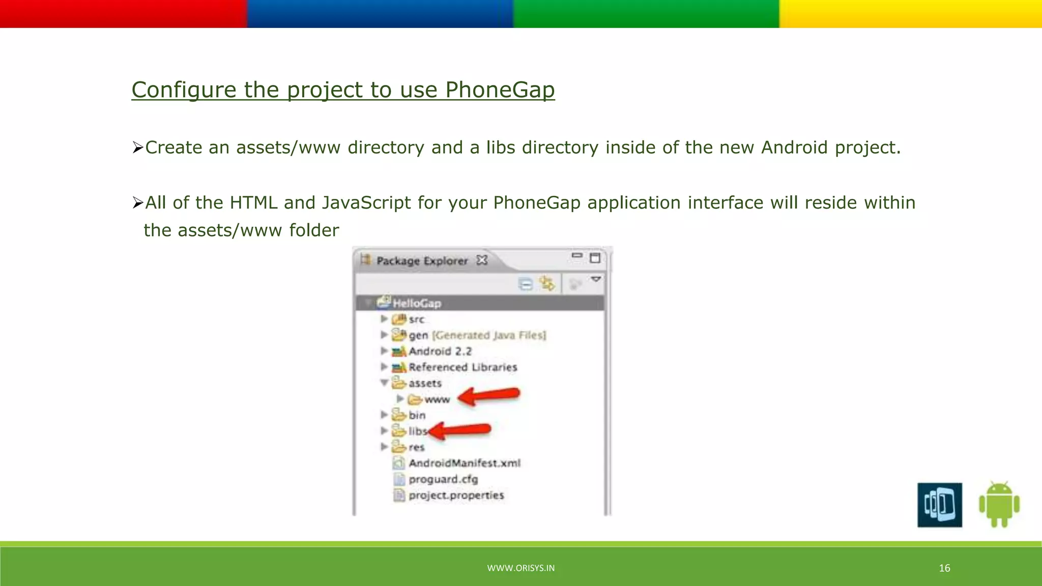 Configure the project to use PhoneGap 
Create an assets/www directory and a libs directory inside of the new Android project. 
All of the HTML and JavaScript for your PhoneGap application interface will reside within 
the assets/www folder 
WWW.ORISYS.IN 16 
 