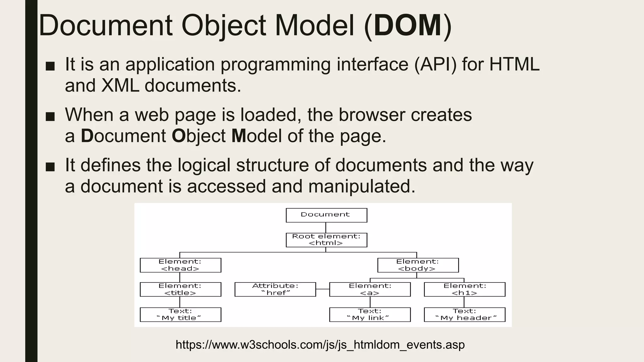 Document Object Model (DOM)
■ It is an application programming interface (API) for HTML
and XML documents.
■ When a web page is loaded, the browser creates
a Document Object Model of the page.
■ It defines the logical structure of documents and the way
a document is accessed and manipulated.
https://www.w3schools.com/js/js_htmldom_events.asp
 