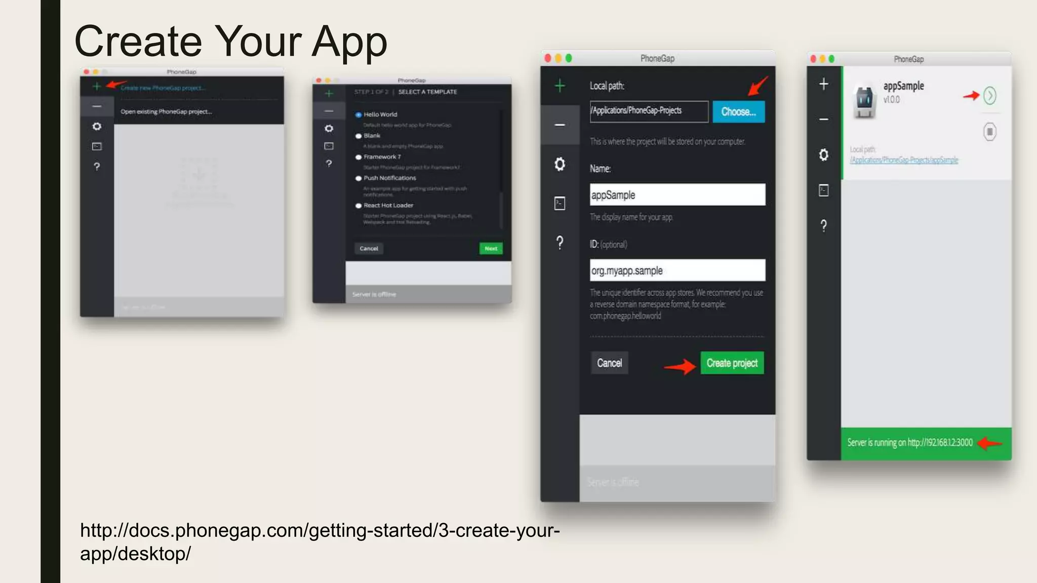Create Your App
http://docs.phonegap.com/getting-started/3-create-your-
app/desktop/
 