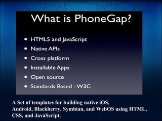 A Set of templates for building native iOS,
Android, Blackberry, Symbian, and WebOS using HTML,
CSS, and JavaScript.

 