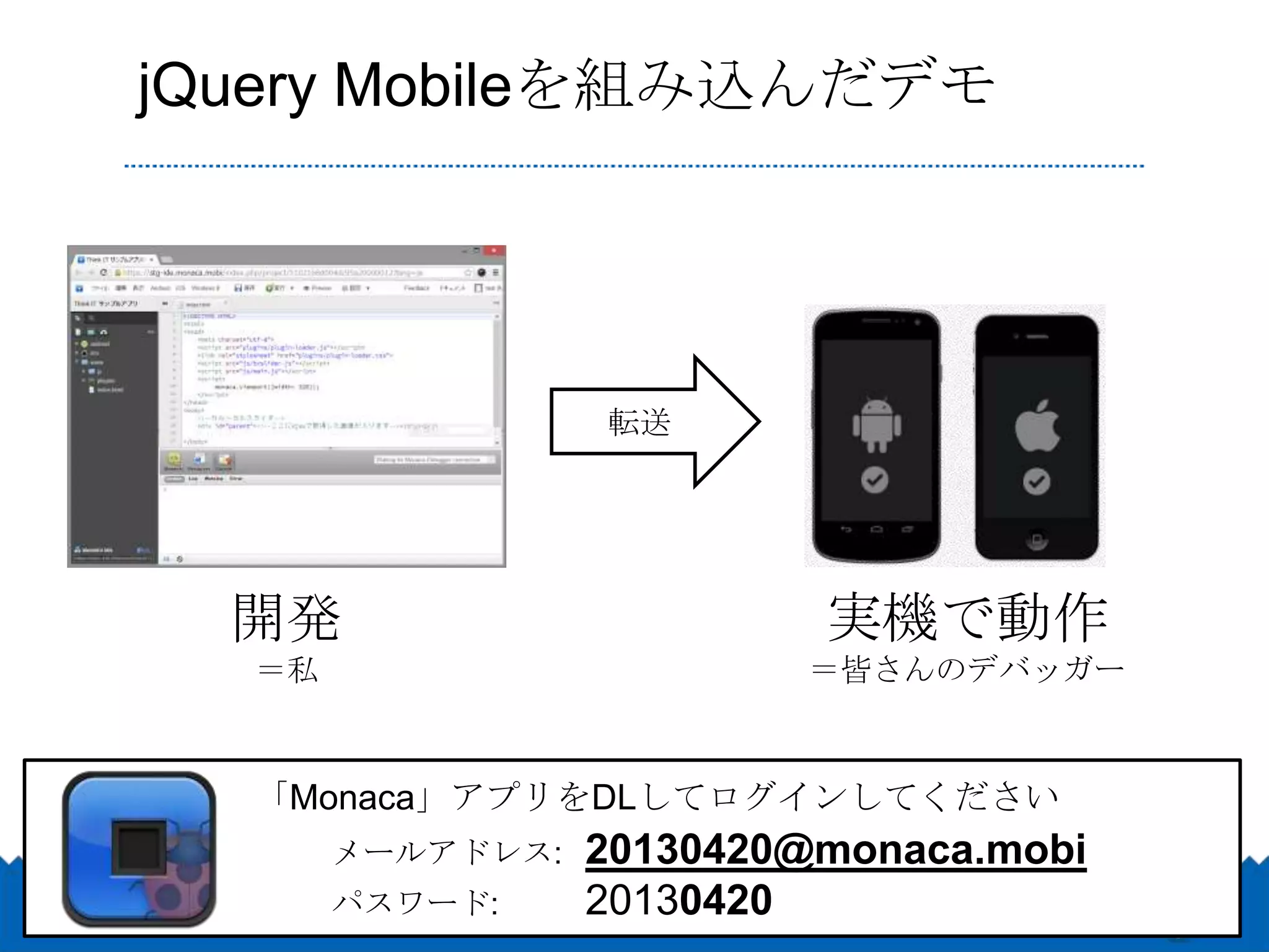 jQuery Mobileを組み込んだデモ




                  転送




  開発                       実機で動作
  ＝私                      ＝皆さんのデバッガー



  「Monaca」アプリをDLしてログインしてください
       メールアドレス:   20130420@monaca.mobi
       パスワード:     20130420
 