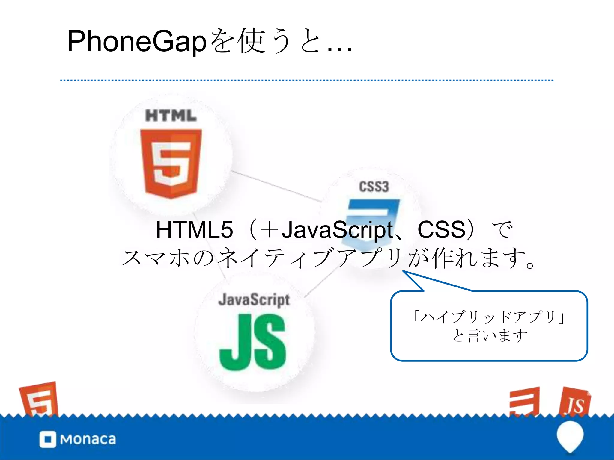 PhoneGapを使うと…




   HTML5（＋JavaScript、CSS）で
  スマホのネイティブアプリが作れます。

                 「ハイブリッドアプリ」
                    と言います
 