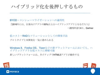 ハイブリッド化を後押しするもの

BYOD・コンシューマライゼーションへの適用性
『2016年には、企業向けアプリの50%以上はハイブリッドアプリとなるだろう』
                               －2013年2月4日、Gartner


低コスト・RADなソリューションとしての開発手法
プロトタイプと本開発を一気に進められる


Windows 8、Firefox OS、Tizenなどの新プラットフォームにおいても、ハ
イブリッドアプリを低コストに移植可能
新しいプラットフォームは、ネイティブでHTML5アプリが動作する
 