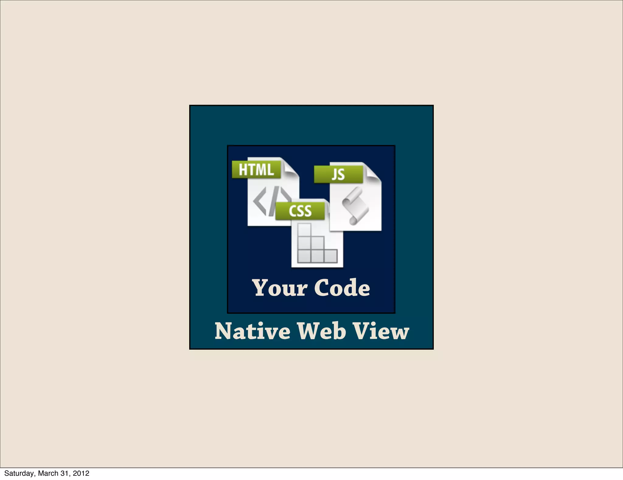 Your Code
                           Native Web View




Saturday, March 31, 2012
 