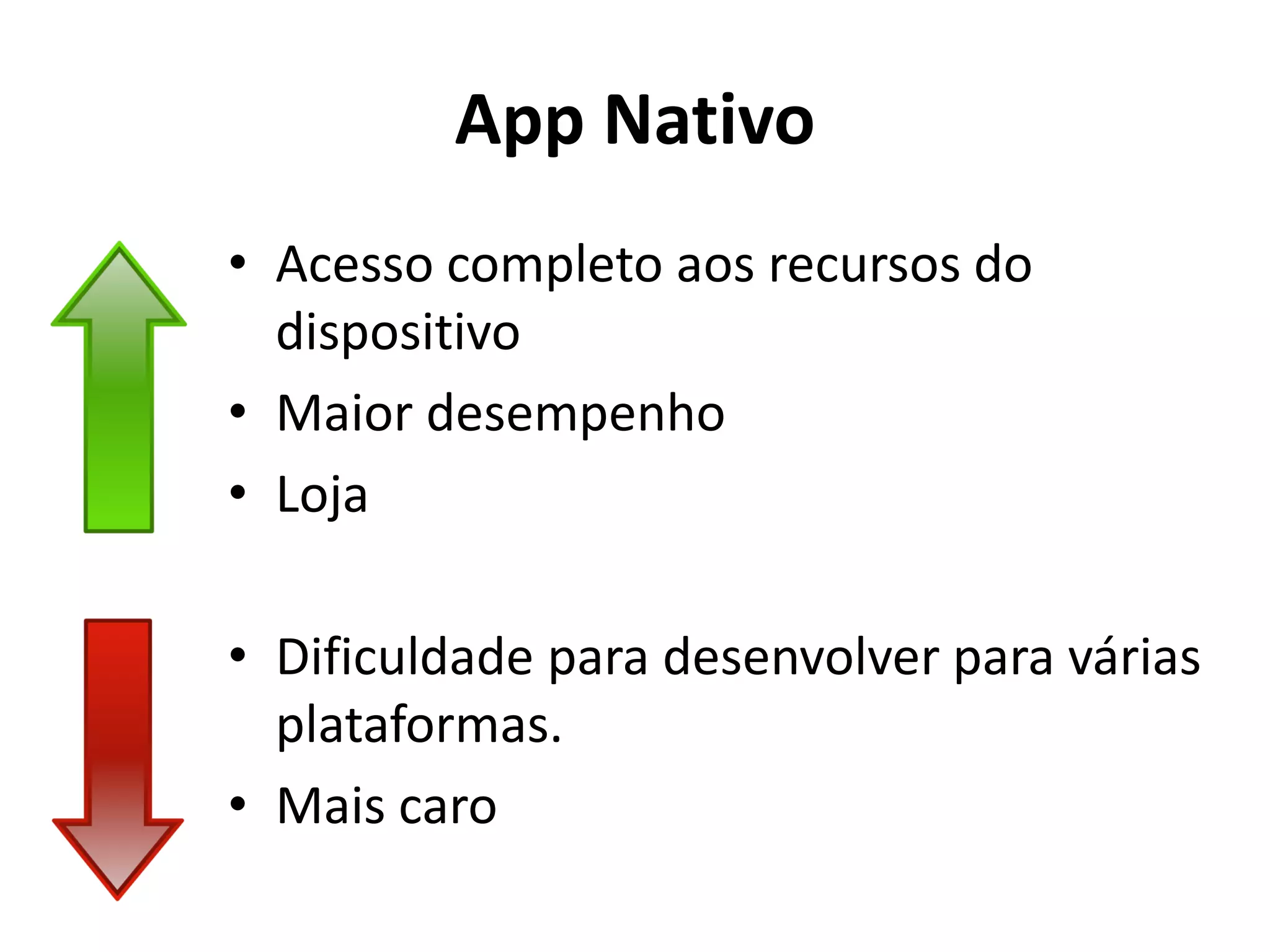 App Nativo
•Acesso completo aos recursos do dispositivo
•Maior desempenho
•Loja
•Dificuldade para desenvolver para várias plataformas.
•Mais caro