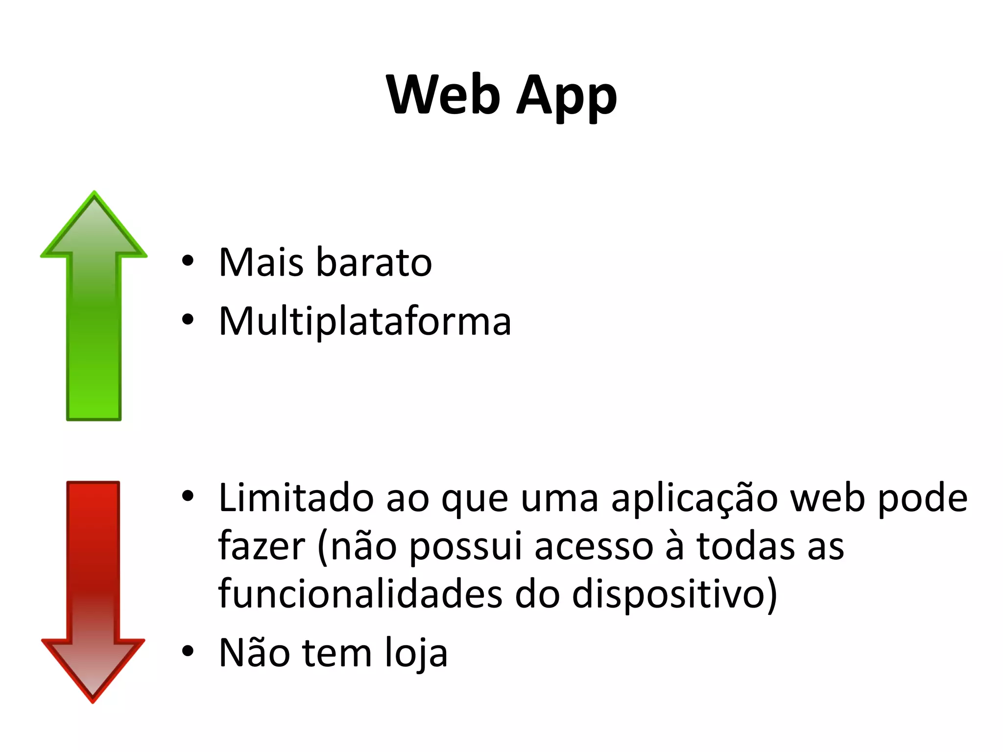 Web App
•Mais barato
•Multiplataforma
•Limitado ao que uma aplicação web pode fazer (não possui acesso à todas as funcionalidades do dispositivo)
•Não tem loja