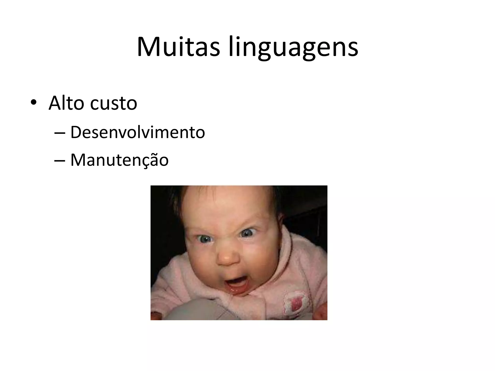 Muitas linguagens
• Alto custo
  – Desenvolvimento
  – Manutenção
 