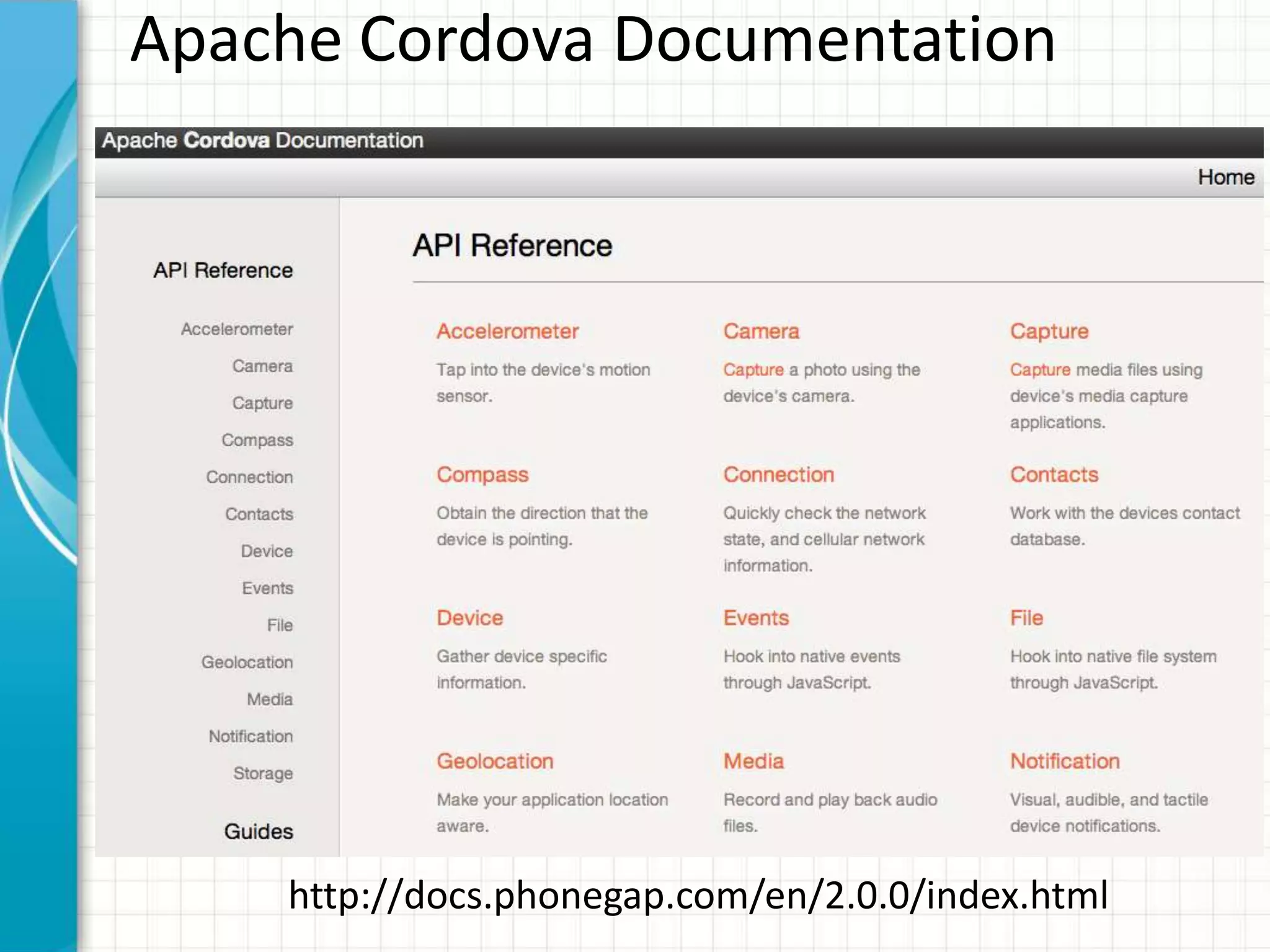 Apache Cordova Documentation




    http://docs.phonegap.com/en/2.0.0/index.html
 