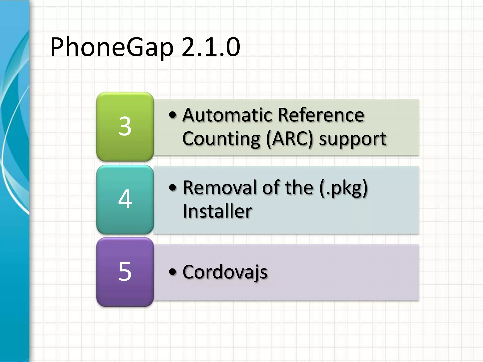 PhoneGap 2.1.0

         • Automatic Reference
     3     Counting (ARC) support

         • Removal of the (.pkg)
     4     Installer

     5   • Cordovajs
 