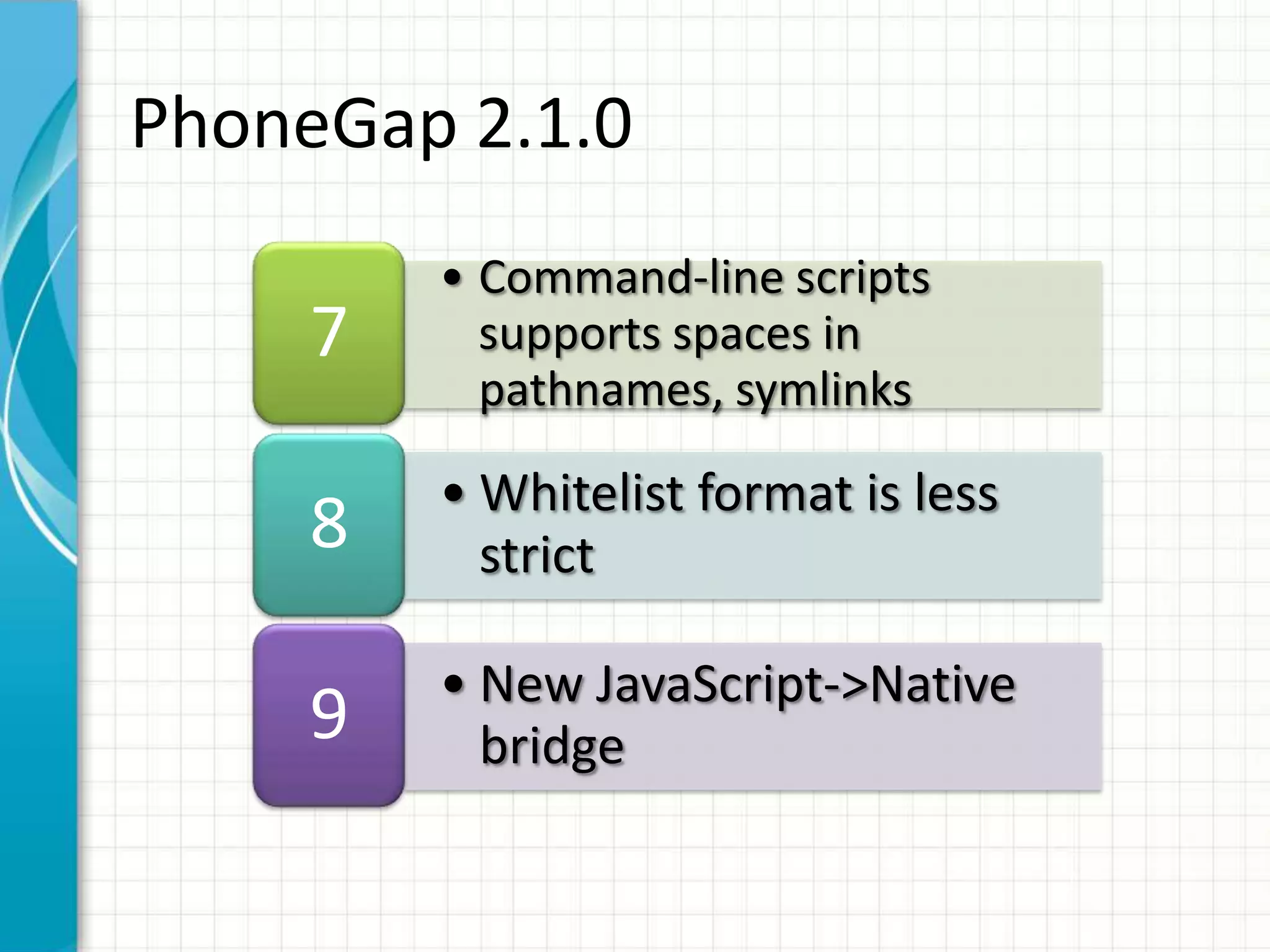 PhoneGap 2.1.0
         • Command-line scripts
     7     supports spaces in
           pathnames, symlinks

         • Whitelist format is less
     8     strict

         • New JavaScript->Native
     9     bridge
 