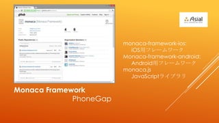 monaca-framework-ios:
                          iOSåե``
                        Monaca-framework-android:
                          Androidåե``
                        monaca.js
                          JavaScript饤֥

Monaca Framework
             PhoneGap
 