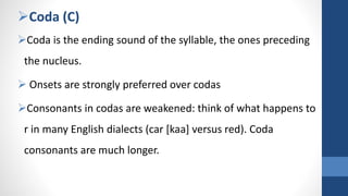 Coda (C)
Coda is the ending sound of the syllable, the ones preceding
the nucleus.
 Onsets are strongly preferred over codas
Consonants in codas are weakened: think of what happens to
r in many English dialects (car [kaa] versus red). Coda
consonants are much longer.
 