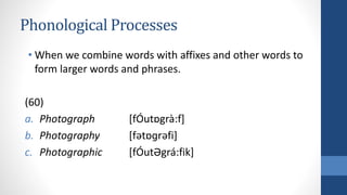 Phonological Processes
• When we combine words with affixes and other words to
form larger words and phrases.
(60)
a. Photograph [fÓutɒgrà:f]
b. Photography [fətɒɡrəfi]
c. Photographic [fÓutƏgrá:fik]
 