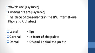 •Vowels are [+syllabic]
•Consonants are [-syllabic]
•The place of consonants in the IPA(International
Phonetic Alphabet)
Labial = lips
Coronal = In front of the palate
Dorsal = On and behind the palate
 
