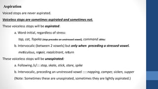 Aspiration
Voiced stops are never aspirated.
Voiceless stops are sometimes aspirated and sometimes not.
These voiceless stops will be aspirated:
a. Word-initial, regardless of stress:
tap, cat, Topeka (stop precedes an unstressed vowel), command (ditto)
b. Intervocalic (between 2 vowels) but only when preceding a stressed vowel.
meticulous, repair, recalcitrant, return
These voiceless stops will be unaspirated:
a. Following /s/::: stop, skate, stick, stare, spike
b. Intervocalic, preceding an unstressed vowel :::::napping, camper, sicken, supper
(Note: Sometimes these are unaspirated, sometimes they are lightly aspirated.)
 