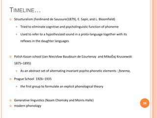 TIMELINE…
   Structuralism (Ferdinand de Saussure(1879), E. Sapir, and L. Bloomfield)

        Tried to eliminate cognitive and psycholinguistic function of phoneme

        Used to refer to a hypothesized sound in a proto-language together with its
         reflexes in the daughter languages



   Polish Kazan school (Jan Niecisław Baudouin de Courtenay and MikoÓaj Kruszewski
    1875–1895)

        As an abstract set of alternating invariant psycho phonetic elements : fonema,

   Prague School 1926–1935

        the first group to formulate an explicit phonological theory


   Generative linguistics (Noam Chomsky and Morris Halle)
                                                                                          26
   modern phonology
 