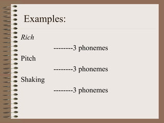 Examples:
Rich
--------3 phonemes
Pitch
--------3 phonemes
Shaking
--------3 phonemes
 