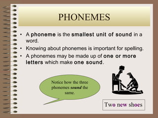 PHONEMES
• A phoneme is the smallest unit of sound in a
word.
• Knowing about phonemes is important for spelling.
• A phonemes may be made up of one or more
letters which make one sound.
Notice how the three
phonemes sound the
same.
Two new shoes
 