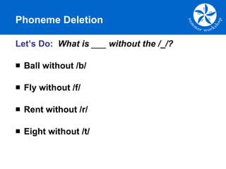 Phoneme Deletion <ul><li>Let’s Do:   What is  ___  without the /_/? </li></ul><ul><li>Ball without /b/ </li></ul><ul><li>F...