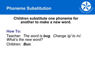 Phoneme Substitution <ul><li>Children substitute one phoneme for another to make a new word. </li></ul><ul><li>How To: </l...