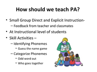 How should we teach PA?
• Small Group Direct and Explicit Instruction-
  – Feedback from teacher and classmates
• At Instructional level of students
• Skill Activities –
  – Identifying Phonemes
     • Guess the name game
  – Categorize Phonemes
     • Odd word out
     • Who goes together
 