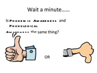 Wait a minute……
Is P h o n e m i c Aw are n e s s and
   P h o n o lo g i c al
Aw are n e s s the same thing?




                       OR
 
