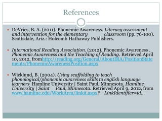 References

 DeVries, B. A. (2011). Phonemic Awareness. Literacy assessment
  and intervention for the elementary       classroom (pp. 76-100).
  Scottsdale, Ariz.: Holcomb Hathaway Publishers.

 International Reading Association. (2012). Phonemic Awareness .
  Phonemic Awareness and the Teaching of Reading. Retrieved April
  10, 2012, fromhttp://reading.org/General/AboutIRA/PositionState
  ments/PhonemicAwarenessPosition.aspx

 Wicklund, B. (2004). Using scaffolding to teach
  phonological/phonemic awareness skills to english language
  learners Hamline University | Saint Paul, Minnesota. Hamline
  University | Saint Paul, Minnesota. Retrieved April 9, 2012, from
  www.hamline.edu/WorkArea/linkit.aspx? LinkIdentifier=id...
 