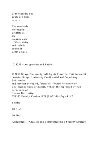 of the activity but
could use more
details.
The standards
thoroughly
describe all
the
requirements
of the activity
and include
sound, in-
depth details.
CIS333 – Assignments and Rubrics
© 2017 Strayer University. All Rights Reserved. This document
contains Strayer University Confidential and Proprietary
information
and may not be copied, further distributed, or otherwise
disclosed in whole or in part, without the expressed written
permission of
Strayer University.
CIS333 Faculty Version 1178 (03-22-19) Page 4 of 7
Points:
40 Draft/
60 Final
Assignment 1: Creating and Communicating a Security Strategy
 