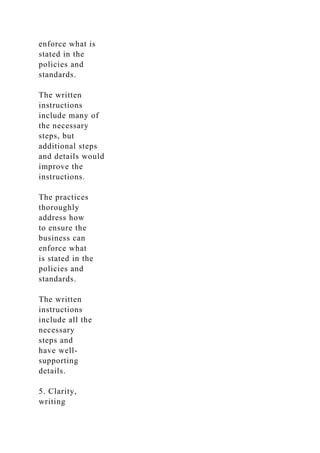 enforce what is
stated in the
policies and
standards.
The written
instructions
include many of
the necessary
steps, but
additional steps
and details would
improve the
instructions.
The practices
thoroughly
address how
to ensure the
business can
enforce what
is stated in the
policies and
standards.
The written
instructions
include all the
necessary
steps and
have well-
supporting
details.
5. Clarity,
writing
 