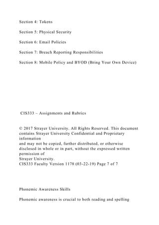 Section 4: Tokens
Section 5: Physical Security
Section 6: Email Policies
Section 7: Breach Reporting Responsibilities
Section 8: Mobile Policy and BYOD (Bring Your Own Device)
CIS333 – Assignments and Rubrics
© 2017 Strayer University. All Rights Reserved. This document
contains Strayer University Confidential and Proprietary
information
and may not be copied, further distributed, or otherwise
disclosed in whole or in part, without the expressed written
permission of
Strayer University.
CIS333 Faculty Version 1178 (03-22-19) Page 7 of 7
Phonemic Awareness Skills
Phonemic awareness is crucial to both reading and spelling
 