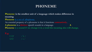 Timeline Lorem Ipsum
2015
Lorem ipsum dolor sit amet
2016
Lorem ipsum dolor sit amet
2017
Lorem ipsum dolor sit amet
2018
Lorem ipsum dolor sit amet
Phoneme: is the smallest unit of a language which makes difference in
meaning.
Phoneme is a set of allophone.
An essential property of a phoneme is that it functions contrastively.
A phoneme is a distinct speech sounds in a language. A
Phoneme is a sound if we change it in a word the meaning also will change.
E.g.
CAT / k /
SAT / s /
 
