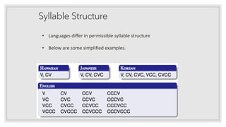 Syllable Structure
• Languages diﬀer in permissible syllable structure
• Below are some simplified examples.
 