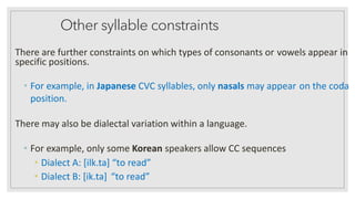 Other syllable constraints
There are further constraints on which types of consonants or vowels appear in
specific positions.
• For example, in Japanese CVC syllables, only nasals may appear on the coda
position.
There may also be dialectal variation within a language.
• For example, only some Korean speakers allow CC sequences
• Dialect A: [ilk.ta] “to read”
• Dialect B: [ik.ta] “to read”
 