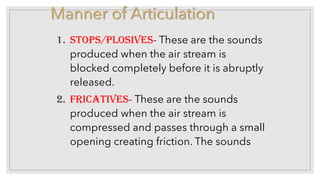 Manner of Articulation
1. StopS/ploSiveS- These are the sounds
produced when the air stream is
blocked completely before it is abruptly
released.
2. FricativeS- These are the sounds
produced when the air stream is
compressed and passes through a small
opening creating friction. The sounds
 