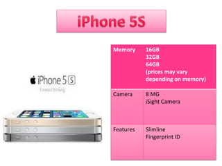 Memory 16GB
32GB
64GB
(prices may vary
depending on memory)
Camera 8 MG
iSight Camera
Features Slimline
Fingerprint ID
 