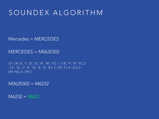 S O U N D E X A L G O R I T H M
Mercedes = MERCEDES
MERCEDES = M0620302
{ 0 : [’A’, E', 'I', 'O', 'U', 'H', 'W', ‘Y’], 1 : [ 'B', 'F', 'P', ‘V’], 2
: ['C', 'G', 'J', 'K', 'Q', 'S', 'X', ‘Z’], 3 : [‘D’,’T’], 4 : [‘L’], 5 :
[‘M’,’N’], 6 : [‘R’] }
M0620302 = M6232
M6232 = M623
 
