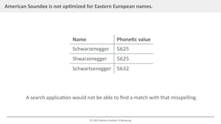 American Soundex is not optimized for Eastern European names.
Name Phonetic value
Schwarzenegger S625
Shwarzenegger S625
S...