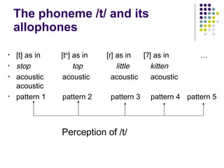 The phoneme /t/ and its allophones [t] as in  [t h ] as in  [ɾ] as in  [ʔ] as in  … stop   top   little   kitten acoustic  acoustic  acoustic  acoustic  acoustic pattern 1  pattern 2  pattern 3  pattern 4 pattern 5     Perception of /t/ 