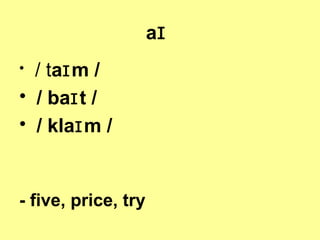 aɪ
/ taɪ m /
• / baɪ t /
• / klaɪ m /
•

- five, price, try

 