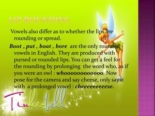 Vowels also differ as to whether the lips are
rounding or spread.
Boot , put , boat , bore are the only rounded
vowels in English. They are produced with
pursed or rounded lips. You can get a feel for
the rounding by prolonging the word who, as if
you were an owl : whoooooooooooo. Now
pose for the camera and say cheese, only say it
with a prolonged vowel : cheeeeeeeeese.
 