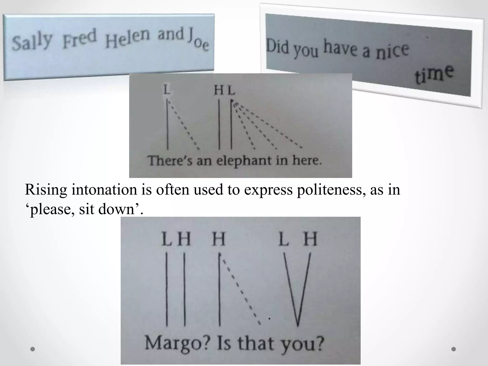 Rising intonation is often used to express politeness, as in
‘please, sit down’.
 